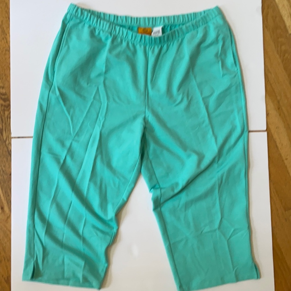 Pull on cropped, elastic waist pants.